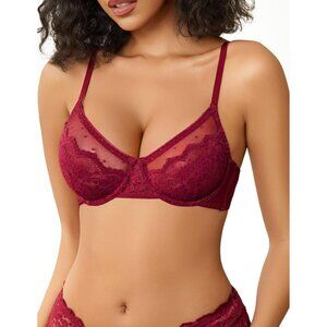 Women's Wine Red Lace Balco nette Underwire Unlined Sheer Lingerie Bra